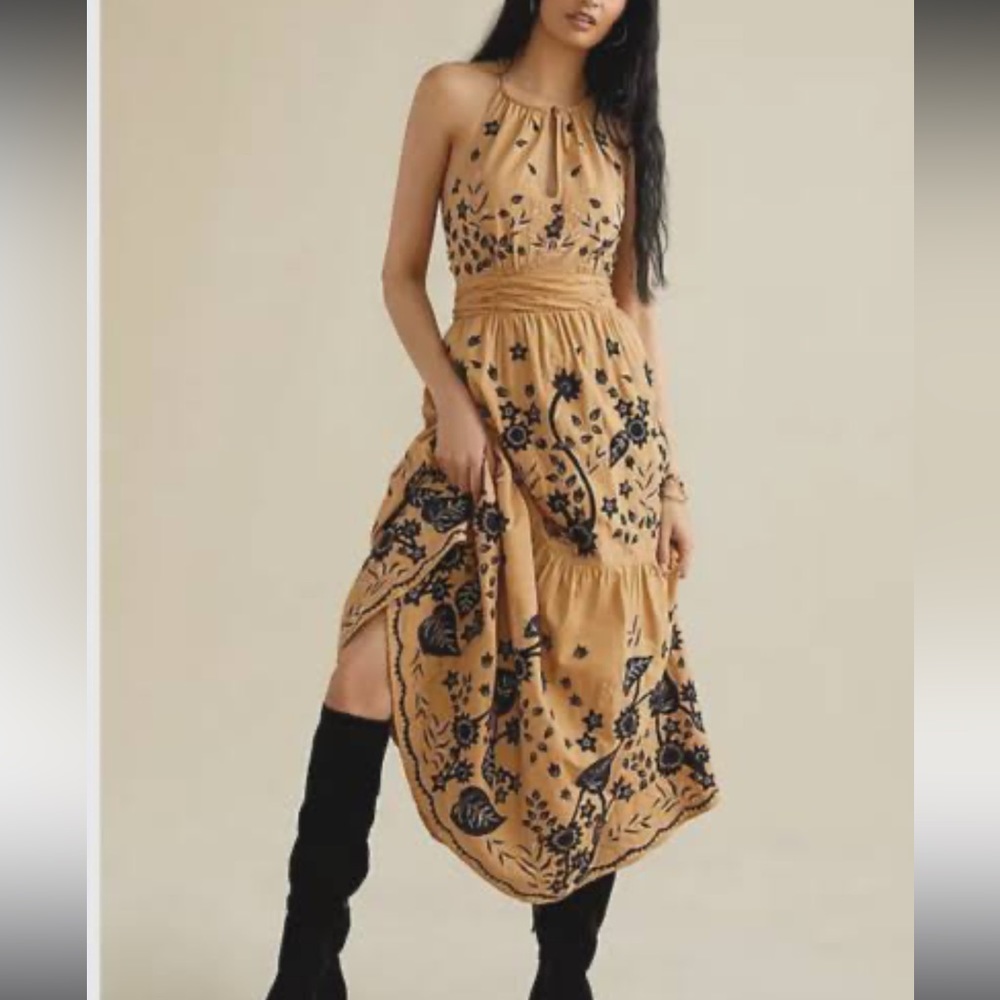 NWT Anthropologie Embroidered Back Tie Maxi Dress in Honey Size 4 Retails $250